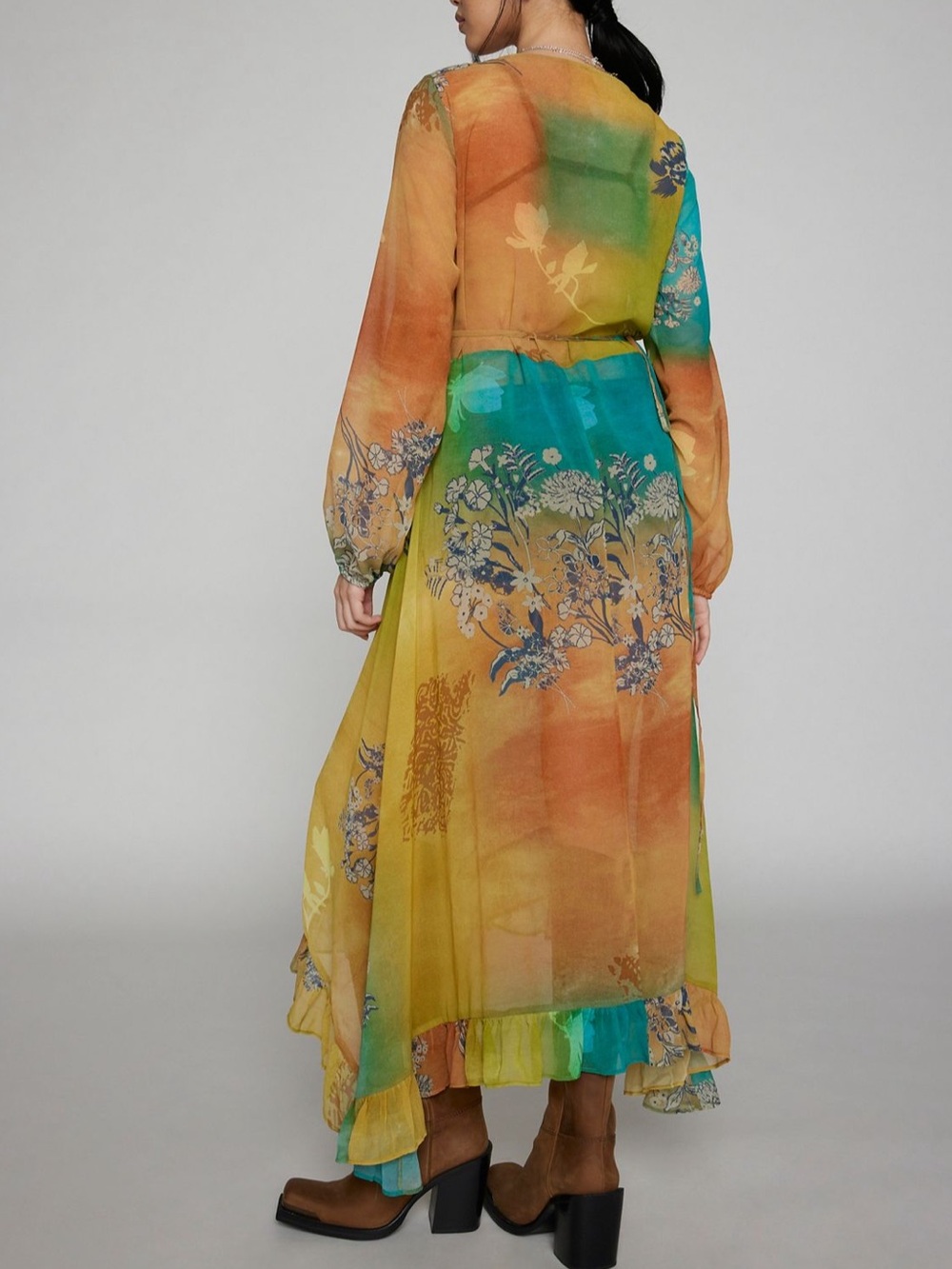 Kimchi Blue Amy Duster Jacket - Boho Floral Wrap Maxi Dress in Yellow-Teal - Picture 2 of 3